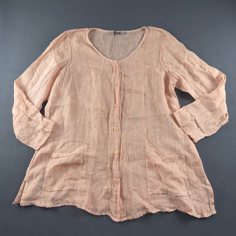 Flax Women Peach 100% Linen Button Front Tunic Top Pockets Size M